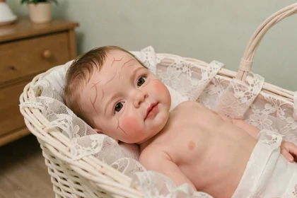 Poupée reborn fille très réaliste posée dans un berceau en osier blanc avec dentelle, détails de peau peints à la main et cheveux mohair fins