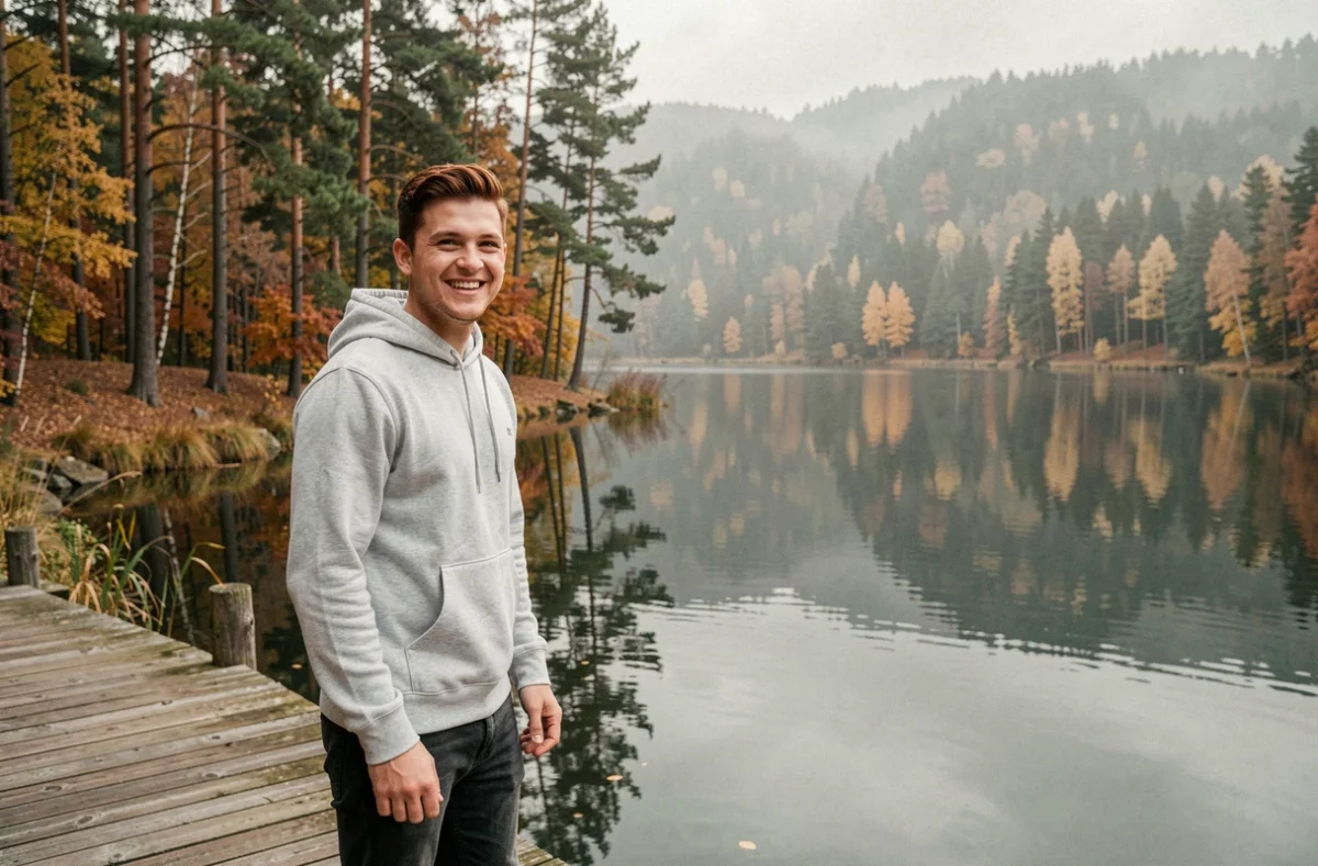 Jeune homme au prénom Evan debout sur un ponton au bord d'un lac en automne, exprimant confiance et sérénité dans la nature