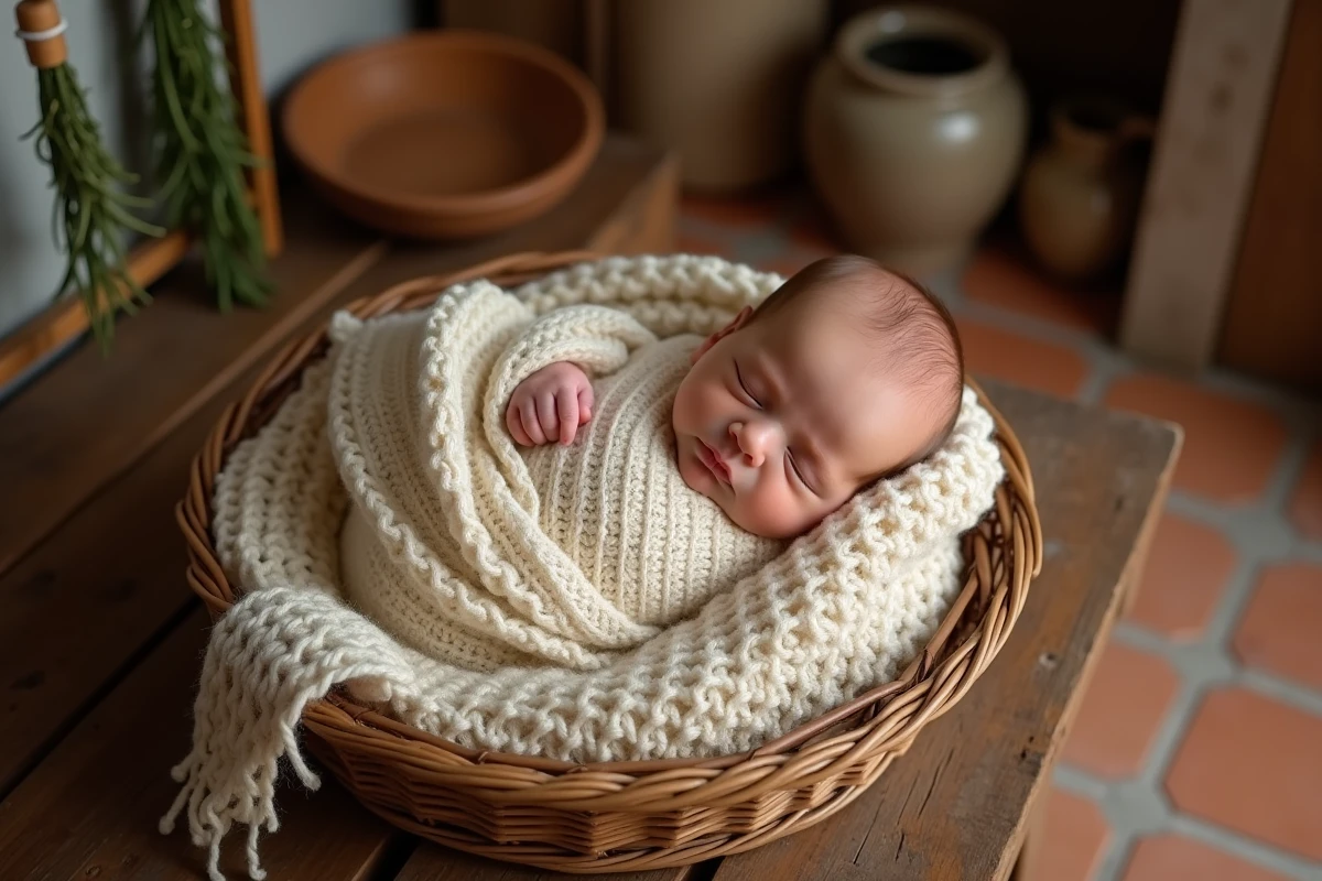 Nouveau-né enveloppé dans une couverture en tricot ivoire dans une cuisine de ferme italienne, évoquant les prénoms italiens pour garçon
