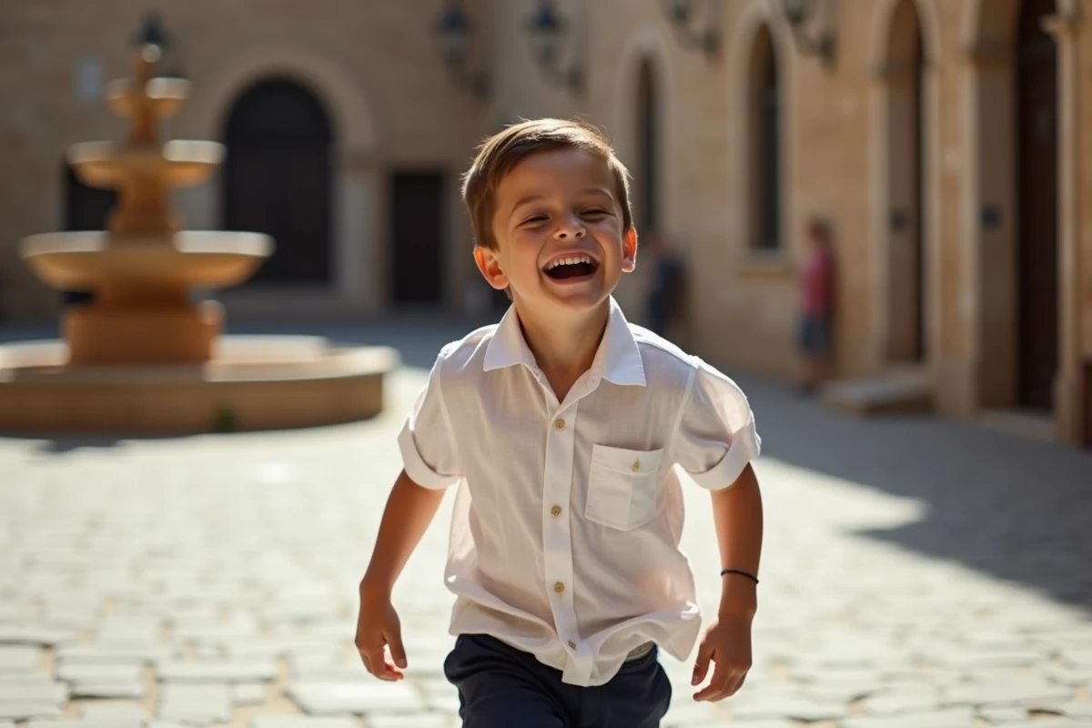 Jeune garçon aux traits italiens courant dans une piazza pavée d'un village toscan, illustrant les prénoms italiens pour garçon