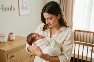 Jeune mère tenant son nouveau-né prénommé Léana dans une chambre de bébé décorée avec soin