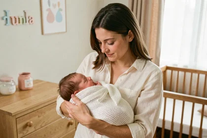 Jeune mère tenant son nouveau-né prénommé Léana dans une chambre de bébé décorée avec soin