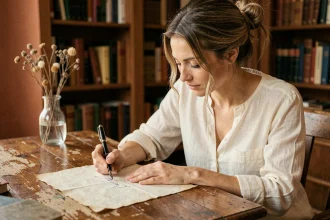Femme écrivant le prénom Lisa en calligraphie sur un parchemin ancien dans une bibliothèque chaleureuse