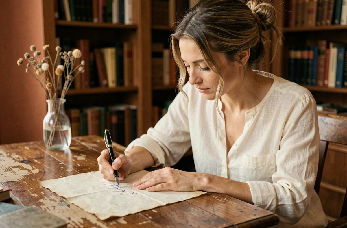 Femme écrivant le prénom Lisa en calligraphie sur un parchemin ancien dans une bibliothèque chaleureuse