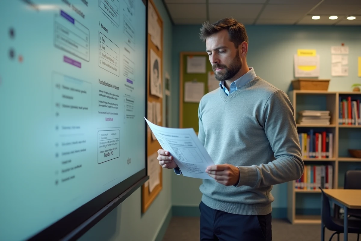 Professeur des écoles examinant une fiche pédagogique imprimée depuis MaFicheClasse dans une salle de ressources scolaires