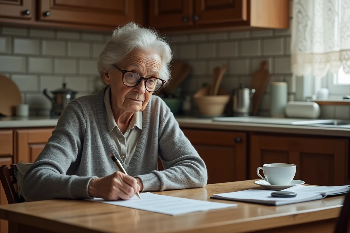 Femme âgée rédigeant un testament olographe à la main sur papier blanc à table en bois
