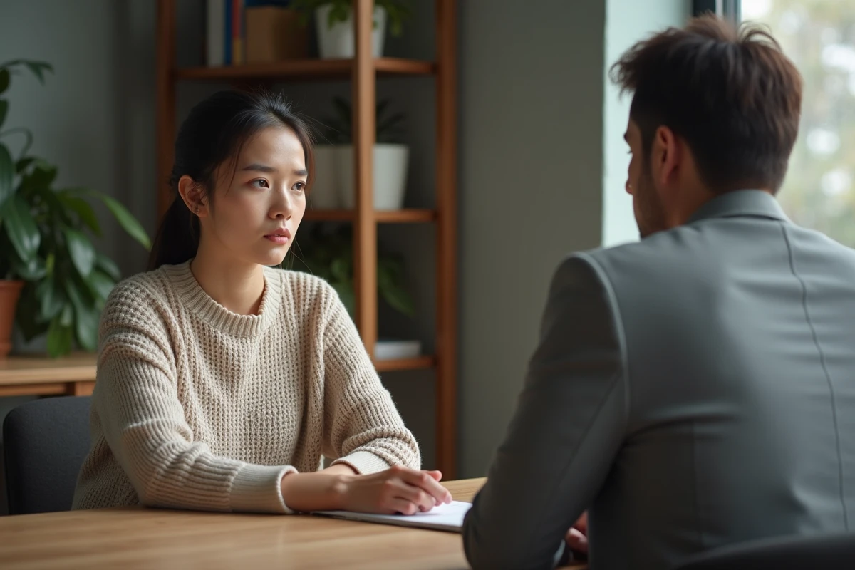 Femme discutant d'un refus de visite médiatisée avec un médiateur familial dans un bureau de médiation