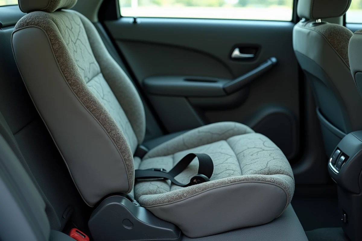 Gros plan d'un réhausseur auto usé et vieilli avec plastique fissuré et rembourrage effiloché sur siège de voiture