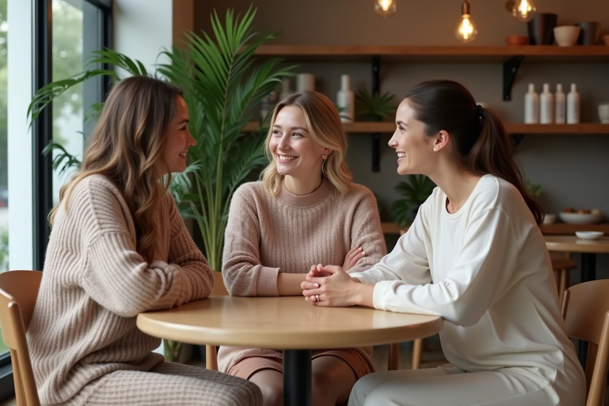 Groupe de femmes discutant dans un caf&eacute; convivial