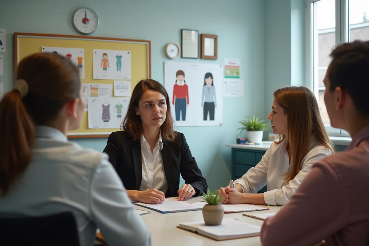 Réunion entre parents et enseignants avec affiche sur le code vestimentaire