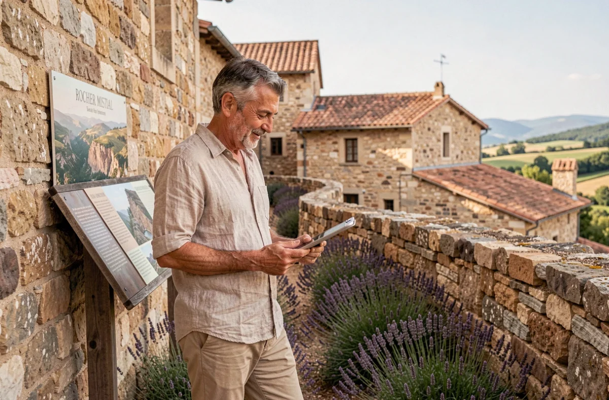 Homme lisant un panneau historique devant les remparts en pierre du parc Rocher Mistral en Provence