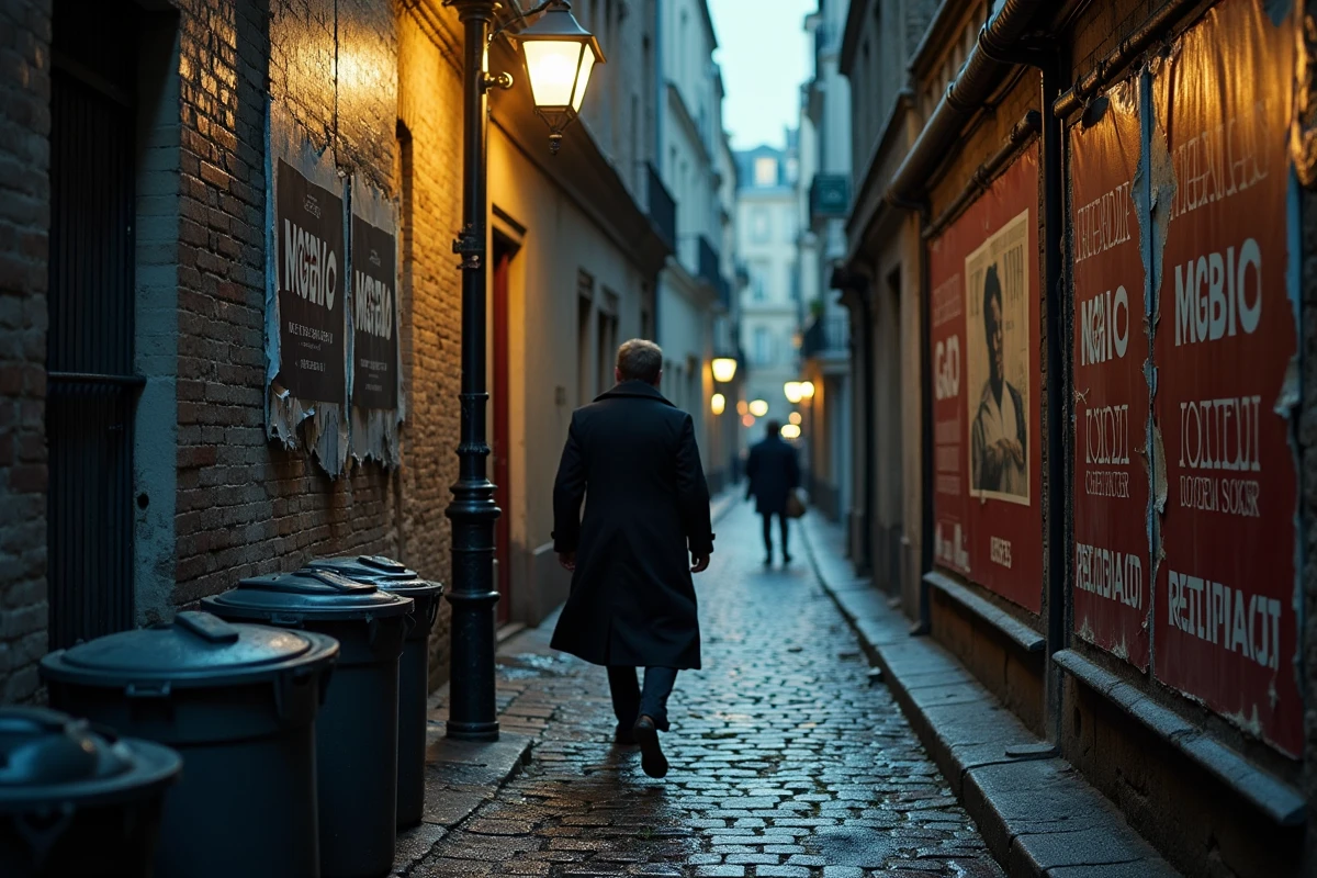 Ruelle pavée parisienne avec affiche déchirée représentant un visage anonyme, évoquant la fugue et la légende urbaine de Mesrine