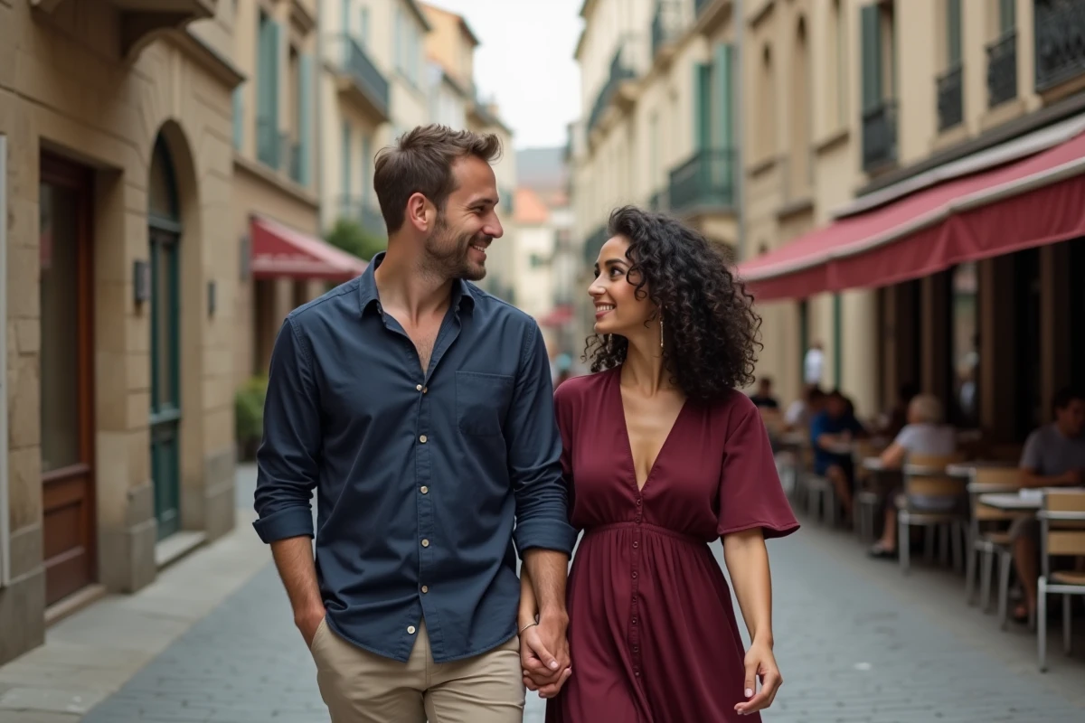 Couple se promenant dans une rue pavée française, femme aux cheveux bouclés et homme en chemise marine dans une ambiance urbaine décontractée