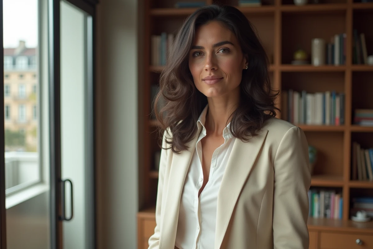 Sabrina Medjebeur en intérieur parisien, portrait éditorial d'une femme élégante en blazer crème dans un appartement moderne