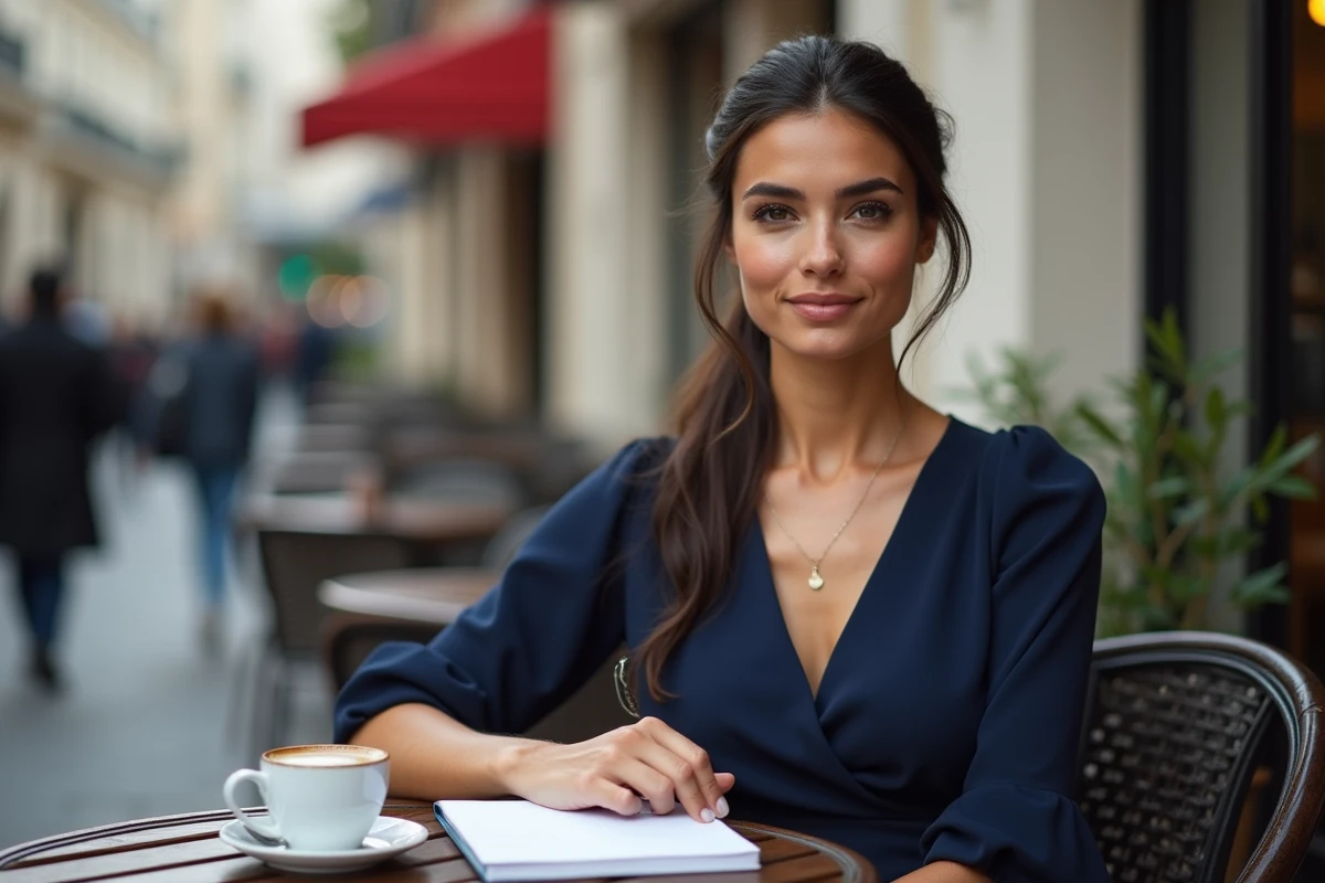 Femme élégante attablée en terrasse de café parisien avec carnet et espresso, portrait lifestyle éditorial en robe marine