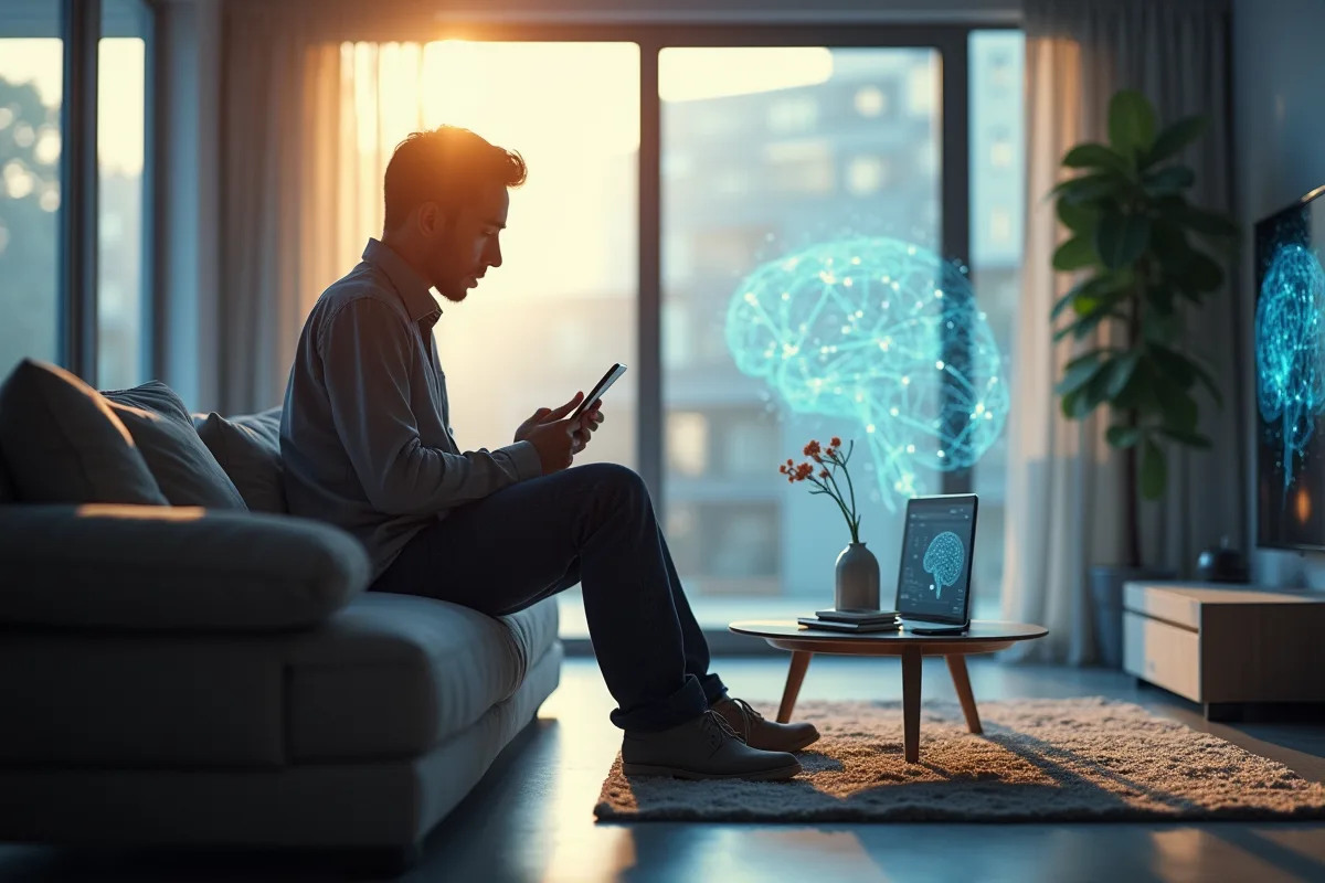 Salon moderne avec appareils numériques et imagery neuronale en arrière-plan