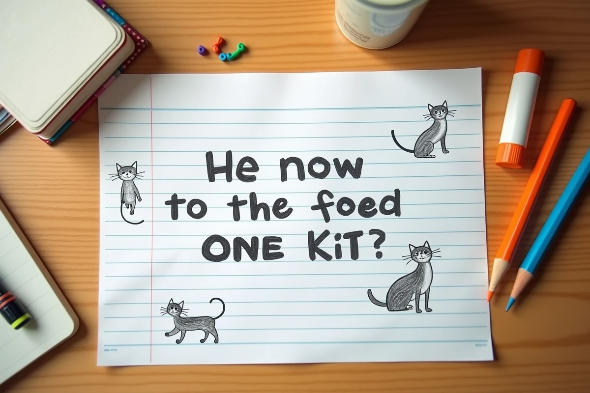 Script de chanson enfantine dessiné à la main sur du papier quadrillé avec des dessins de chats au crayon