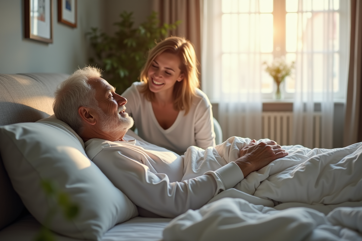 Personne âgée dans un lit avec un membre de la famille dans un salon chaleureux