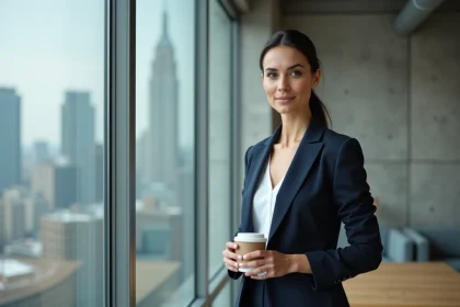 Femme professionnelle et confiante dans un bureau moderne avec vue sur la ville, illustrant la discrétion et l'élégance d'une personnalité publique discrète