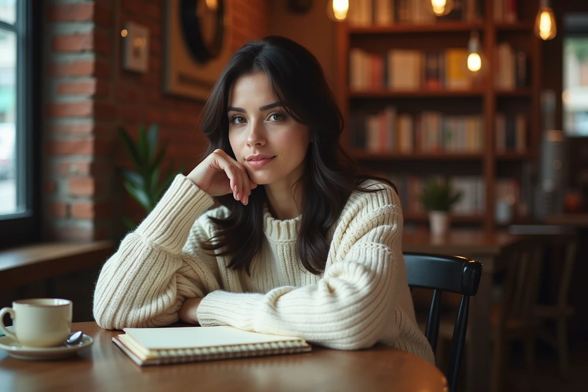 Femme pensive dans un café chaleureux avec un carnet, symbolisant la vie privée et la gestion de la célébrité loin des projecteurs