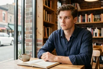 Portrait d'un jeune homme prénommé Evan au caractère introspectif et studieux, assis dans un café-librairie avec un carnet ouvert