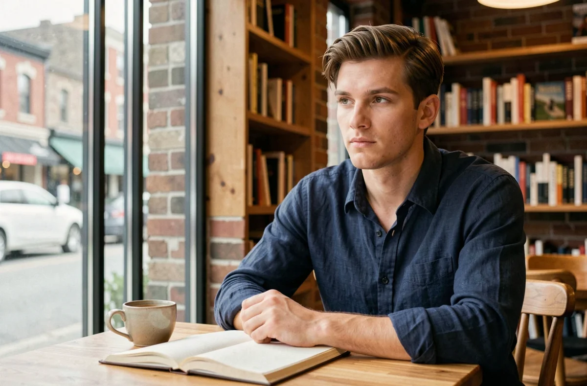 Portrait d'un jeune homme prénommé Evan au caractère introspectif et studieux, assis dans un café-librairie avec un carnet ouvert