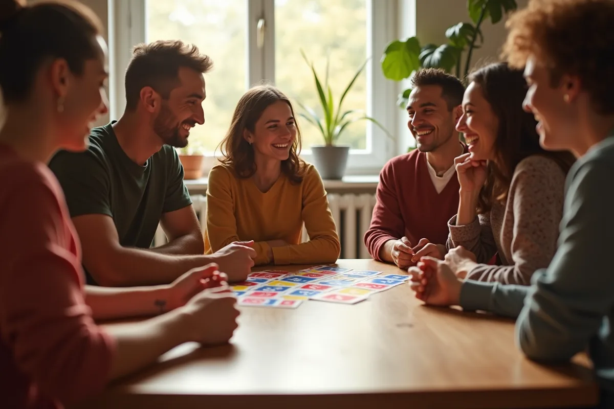 Groupe diversifié jouant à SkipBo dans un salon lumineux