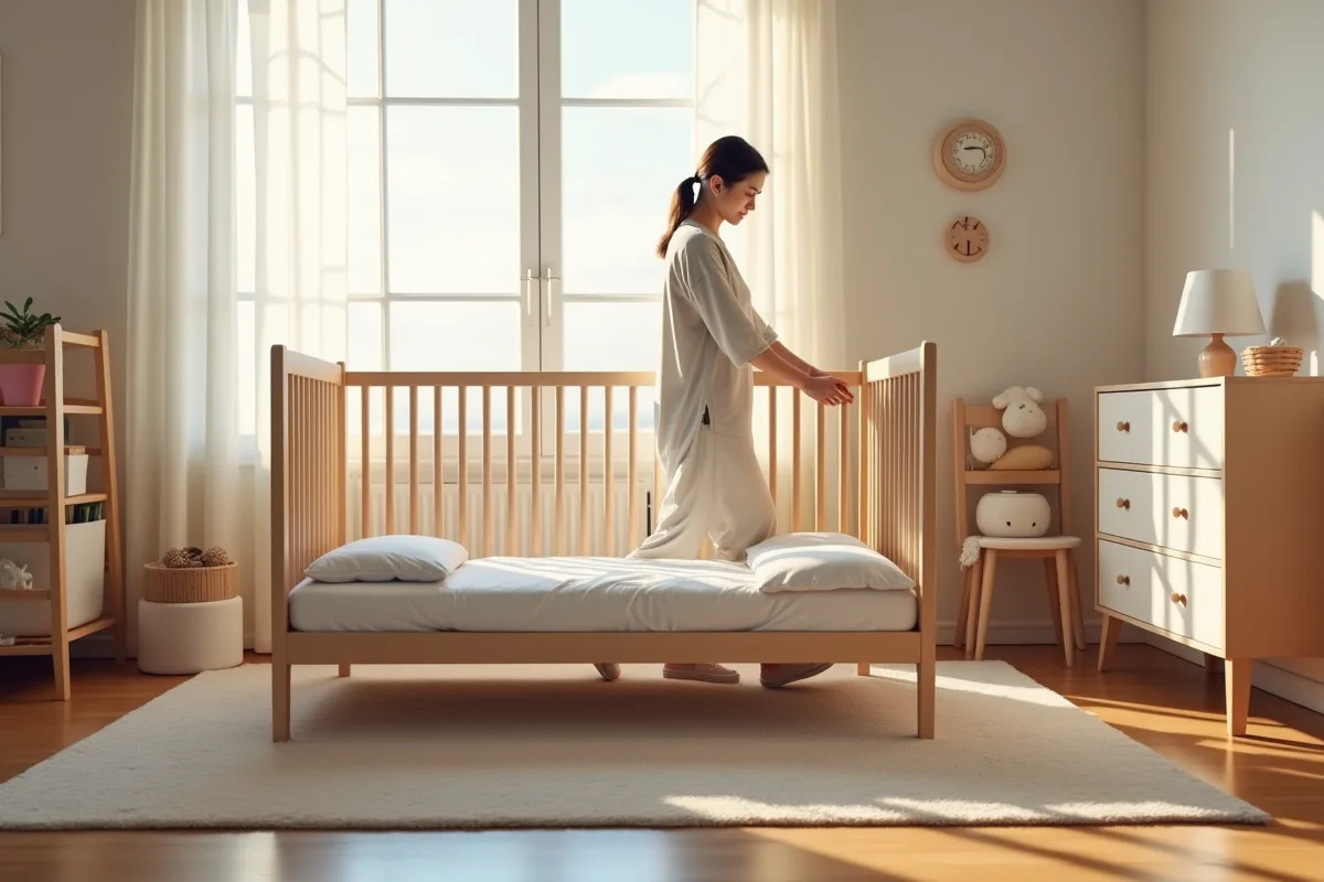 Parent transformant un lit en berceau en lit au sol dans une chambre moderne