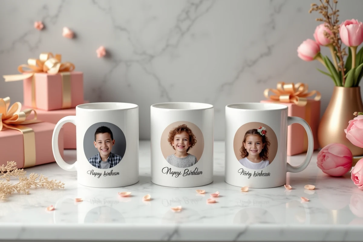Trois gobelets personnalisés avec photos alignés sur une table de fête en marbre, entourés de cadeaux et décorations d'anniversaire