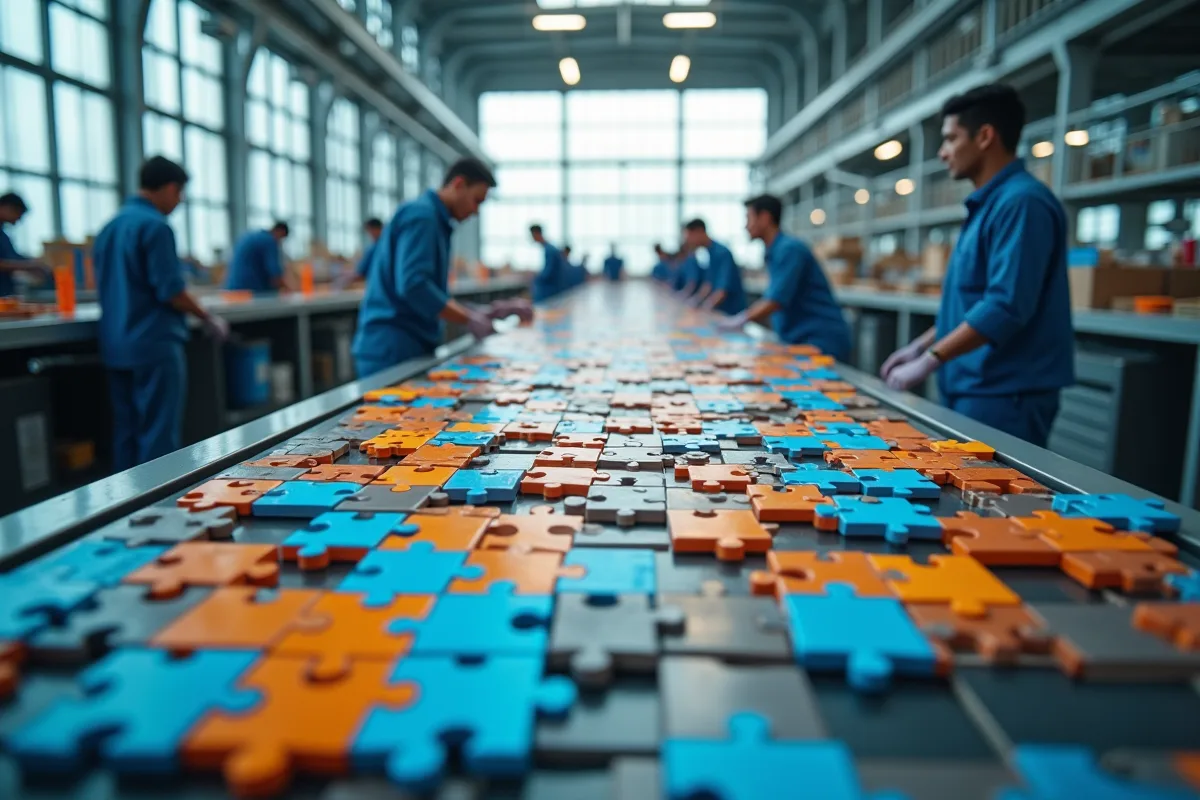 Usine moderne avec pièces de puzzle colorées en production