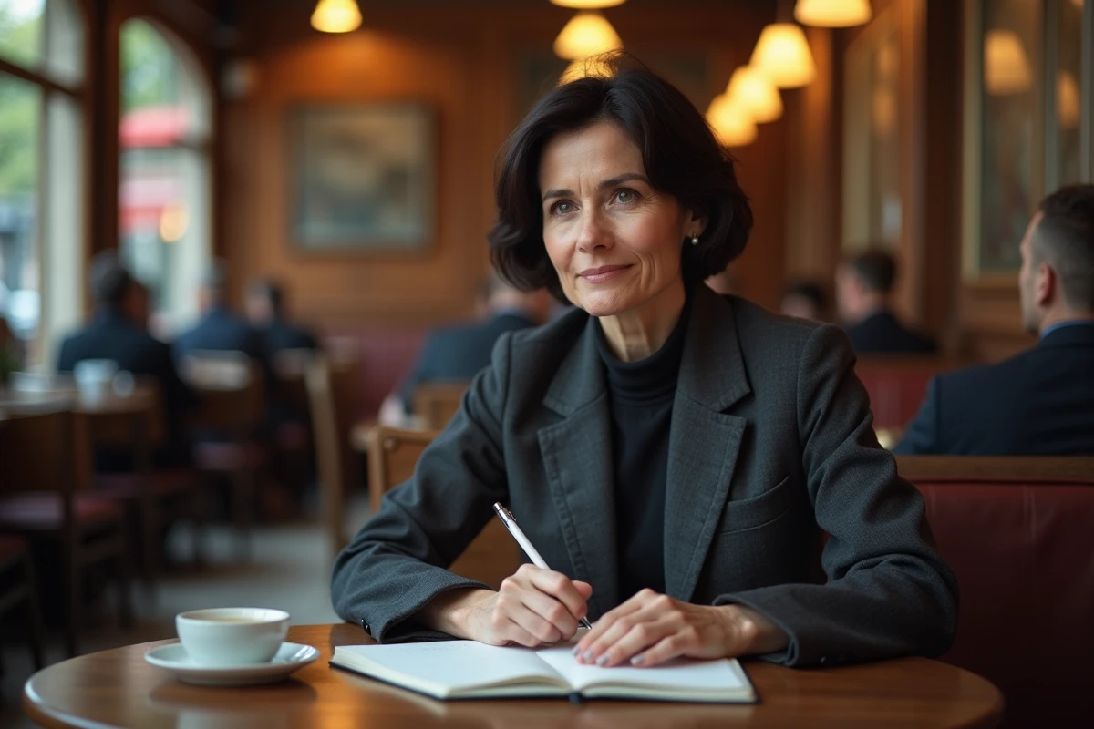 Journaliste prenant des notes dans un café parisien traditionnel, carnet ouvert et expression concentrée, portrait éditorial authentique