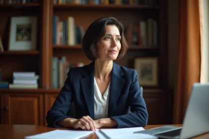 Portrait professionnel d'une journaliste française en blazer marine dans son bureau privé, regard pensif et posture assurée
