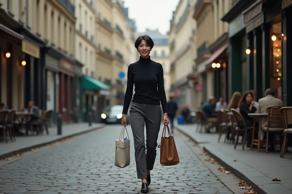 Journaliste française marchant dans une rue parisienne en automne, tenue décontractée et allure déterminée, style reportage éditorial