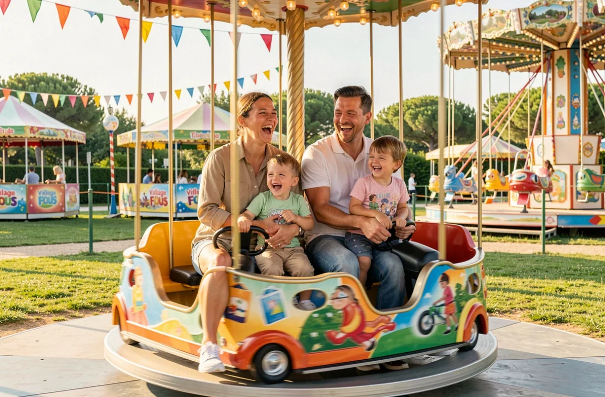 Famille avec enfants riant sur un manège coloré au Village des Fous à Villeneuve-Loubet