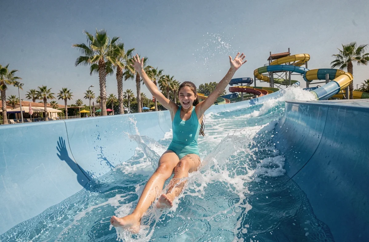 Adolescente descendant un toboggan aquatique coloré au parc Wave Island à Monteux